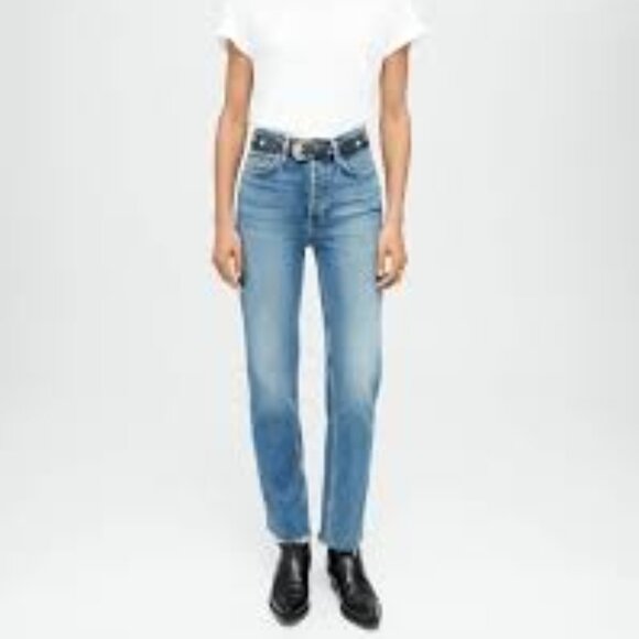 Re/done Comfort Stretch High Rise Stove Pipe sanded  blue skinny jeans  size 27 - Picture 1 of 9